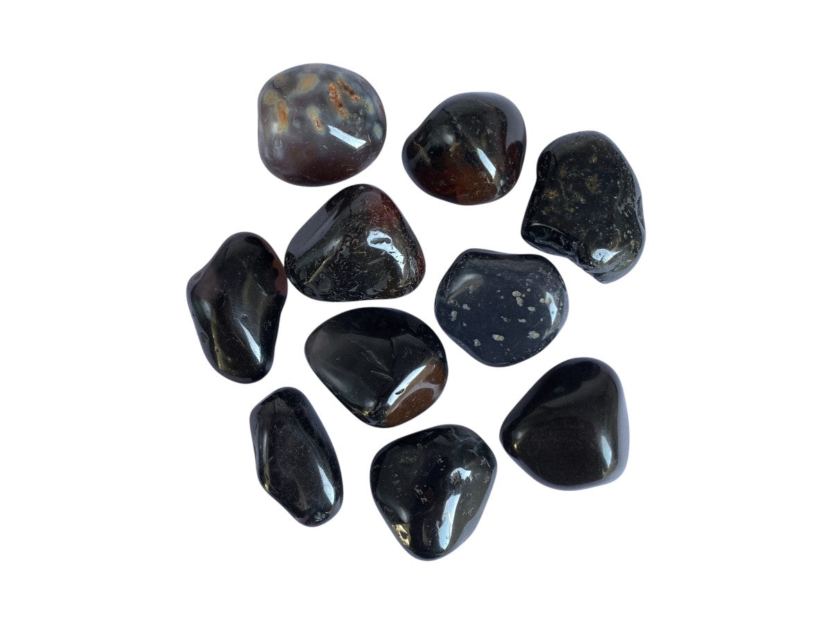 PAQUETE DE 10 PIEZAS DE TAMBORILEADO ÁGATA NEGRA.