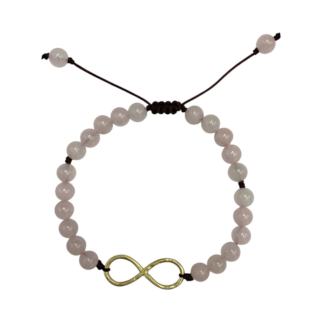 PULSERA PARA DAMA DE CUARZO ROSA CON CENTRO INFINITO.