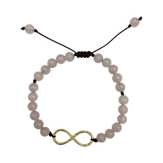 PULSERA PARA DAMA DE CUARZO ROSA CON CENTRO INFINITO.