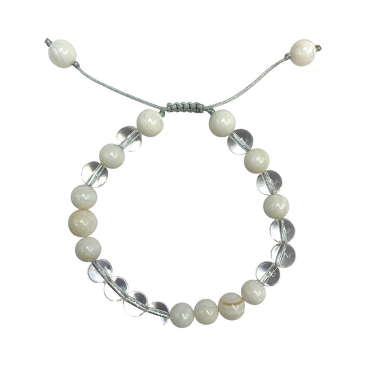 PULSERA DE CUARZO BLANCO Y CONCHA.