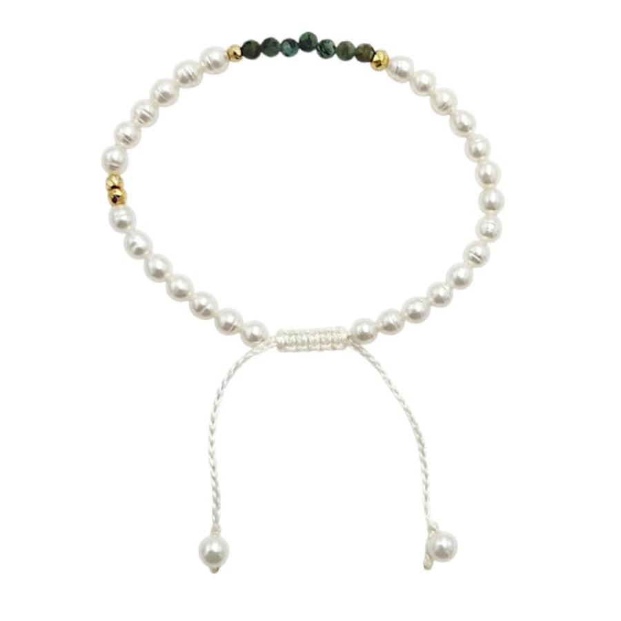 PULSERA DE PERLAS CON CENTRO DE CRISOCOLA Y PIRITA