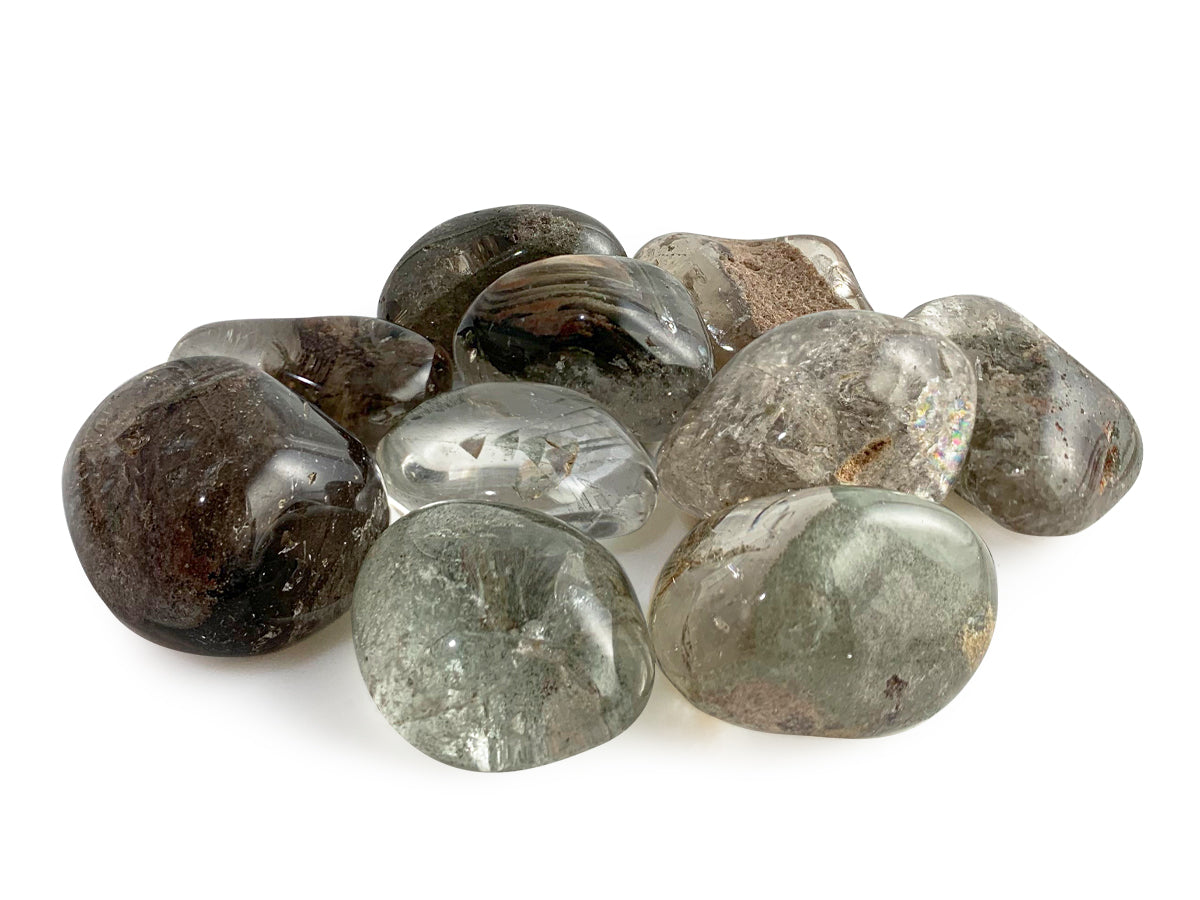 PAQUETE DE 10 PIEZAS DE TAMBORILEADO CUARZO CLORITA.