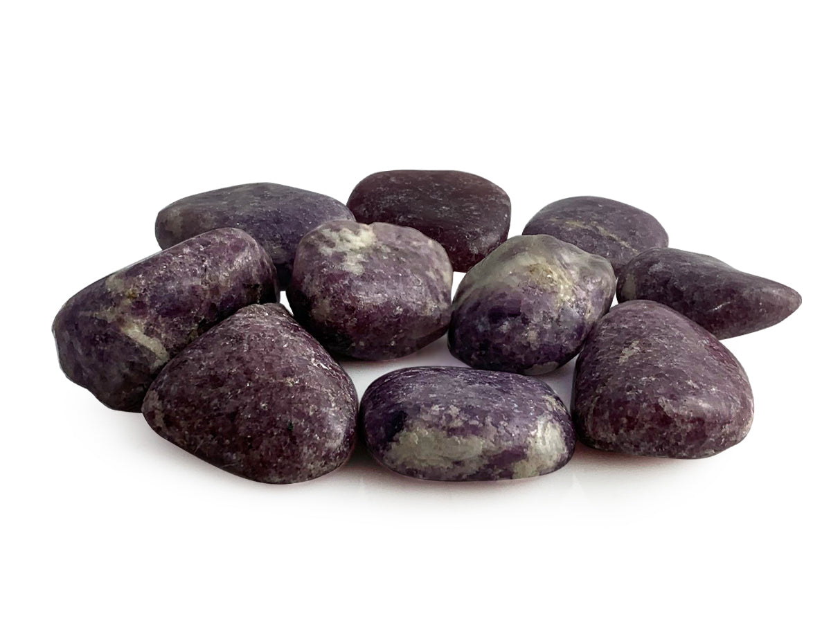 PAQUETE DE 10 PIEZAS DE TAMBORILEADO LEPIDOLITA BRILLADO.