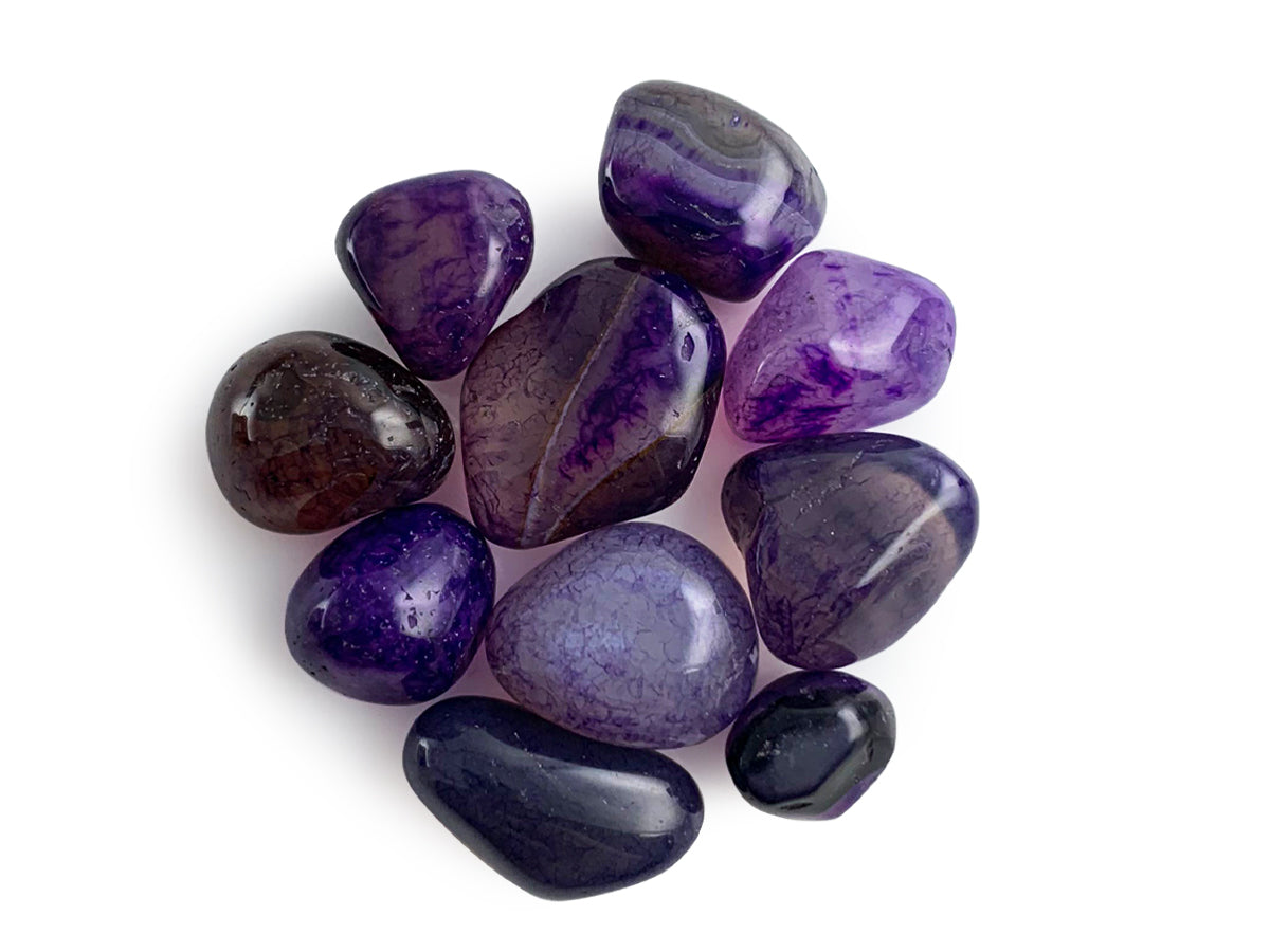 PAQUETE DE 10 PIEZAS DE TAMBORILEADO ÁGATA MORADA.