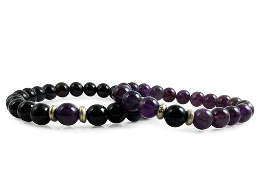 SET DE PULSERAS "TU Y YO" DE OBSIDIANA Y AMATISTA.