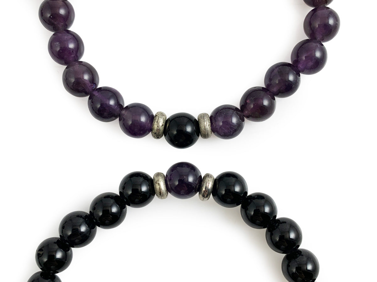 SET DE PULSERAS "TU Y YO" DE OBSIDIANA Y AMATISTA.