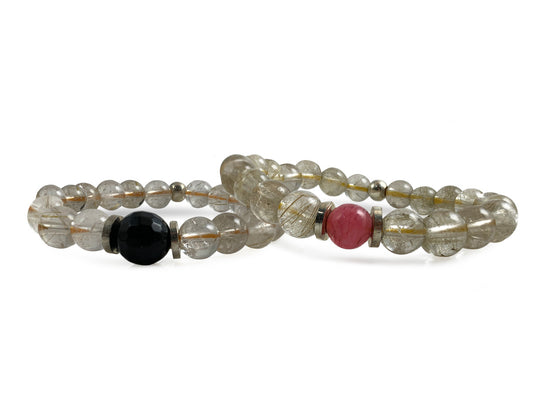 SET DE PULSERAS "TU Y YO " DE CUARZO RUTILADO.