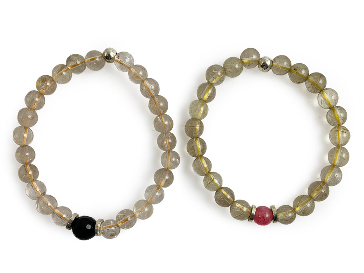 SET DE PULSERAS "TU Y YO " DE CUARZO RUTILADO.