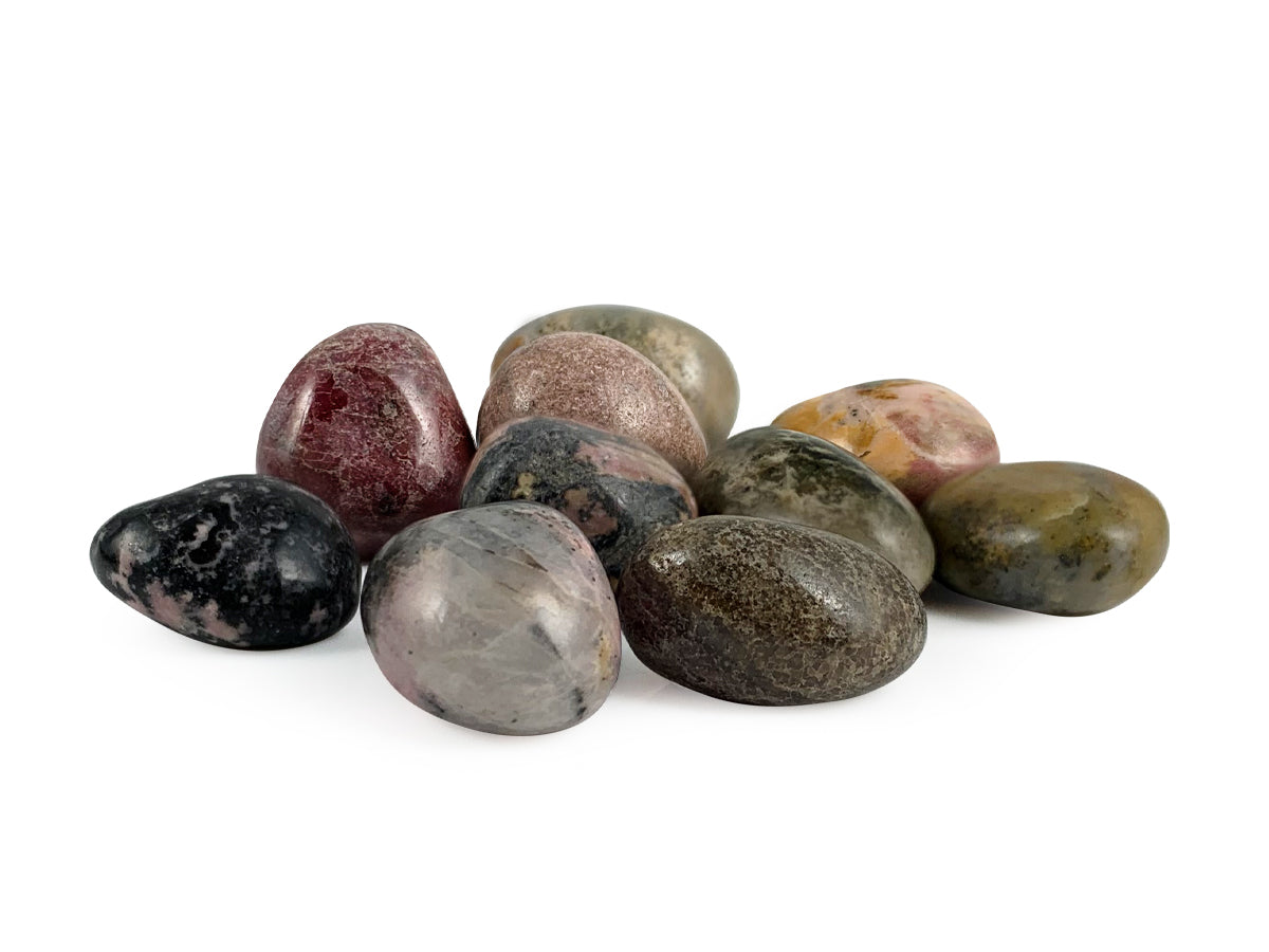 PAQUETE DE 10 PIEZAS DE TAMBORILEADO RODONITA.