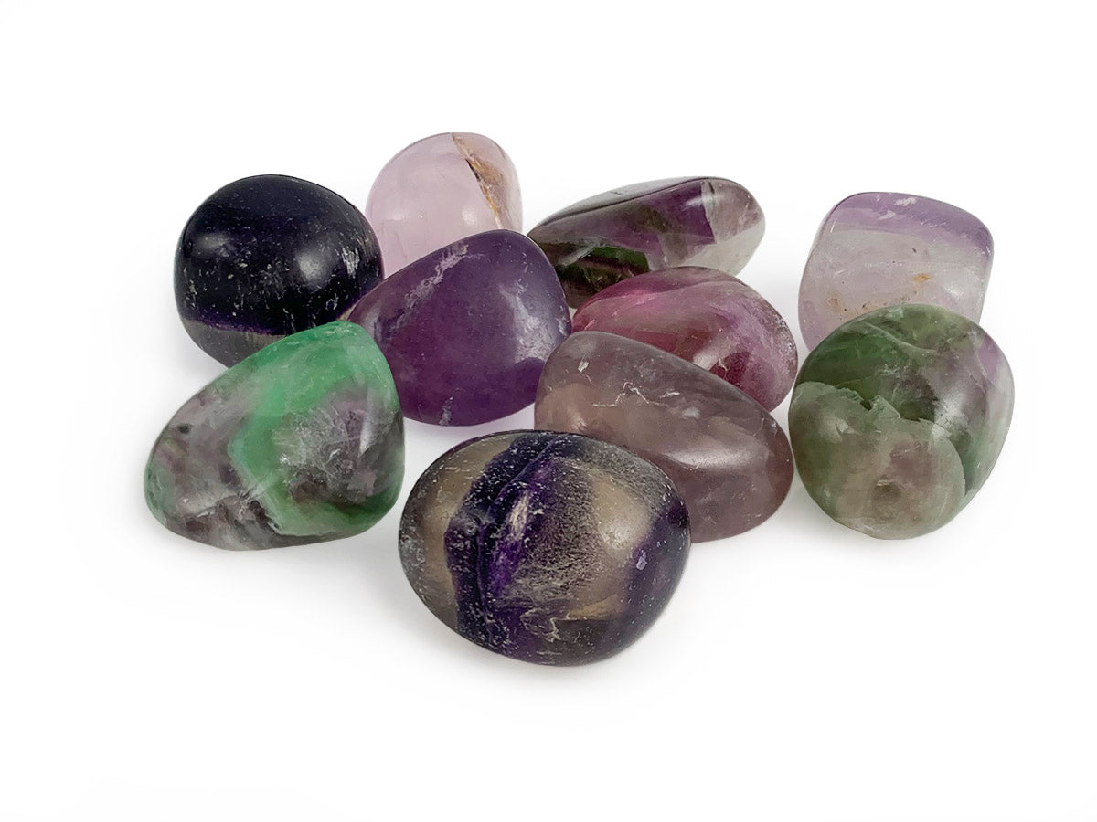 PAQUETE DE 10 PIEZAS DE TAMBORILEADO FLUORITA ARCOIRIS.