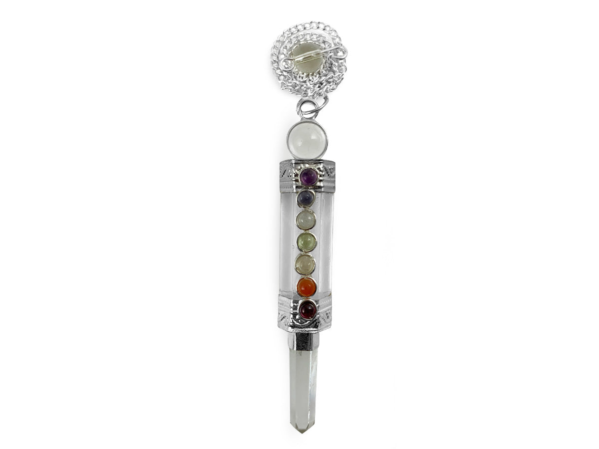 Péndulo chakras de Cuarzo blanco mineral y punta de Cuarzo blanco.