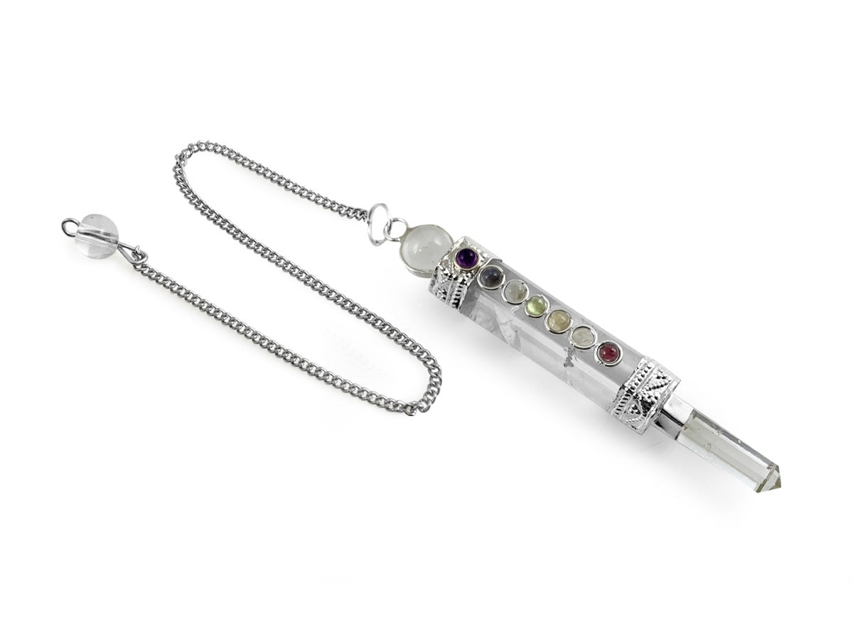 Péndulo chakras de Cuarzo blanco mineral y punta de Cuarzo blanco.