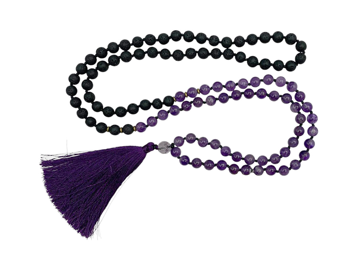 Japa Mala Collar Amatista y Piedra Volcánica - collar con dije