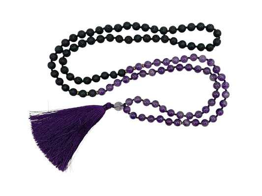 JAPA MALA COLLAR AMATISTA Y PIEDRA VOLCÁNICA.