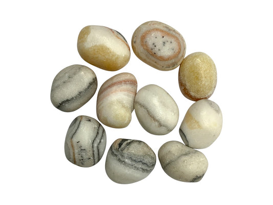 PAQUETE DE 10 PIEZAS DE TAMBORILEADO CALCITA CEBRA