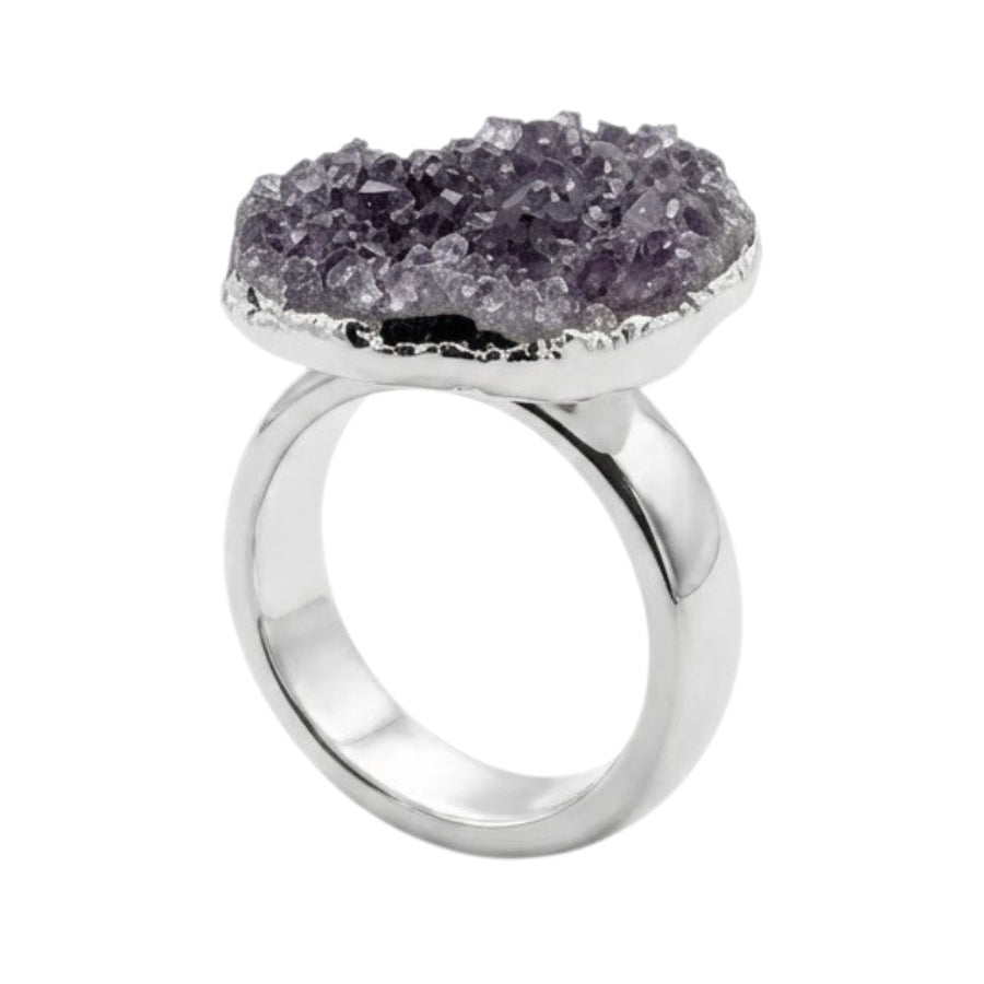 ANILLO METÁLICO MARTILLADO CON DRUSA DE AMATISTA