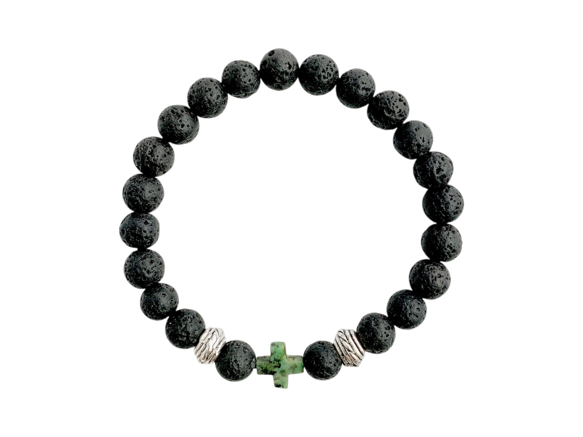 Pulsera para Caballero de Piedra Volcánica con Cruz Jaspe Verde - pulsera de piedras