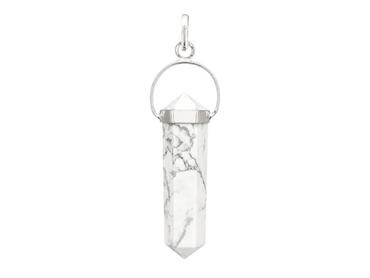 DIJE DOBLE PUNTA DE HOWLITA BLANCA CON PIEDRAS CHAKRAS LINEAL