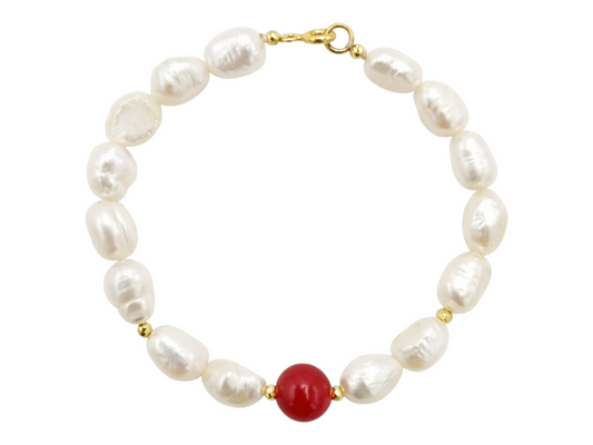 PULSERA DE PERLAS  CENTRO CORAL ROJO