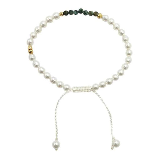 PULSERA DE PERLAS CON CENTRO DE CRISOCOLA Y PIRITA EN PLATA .925
