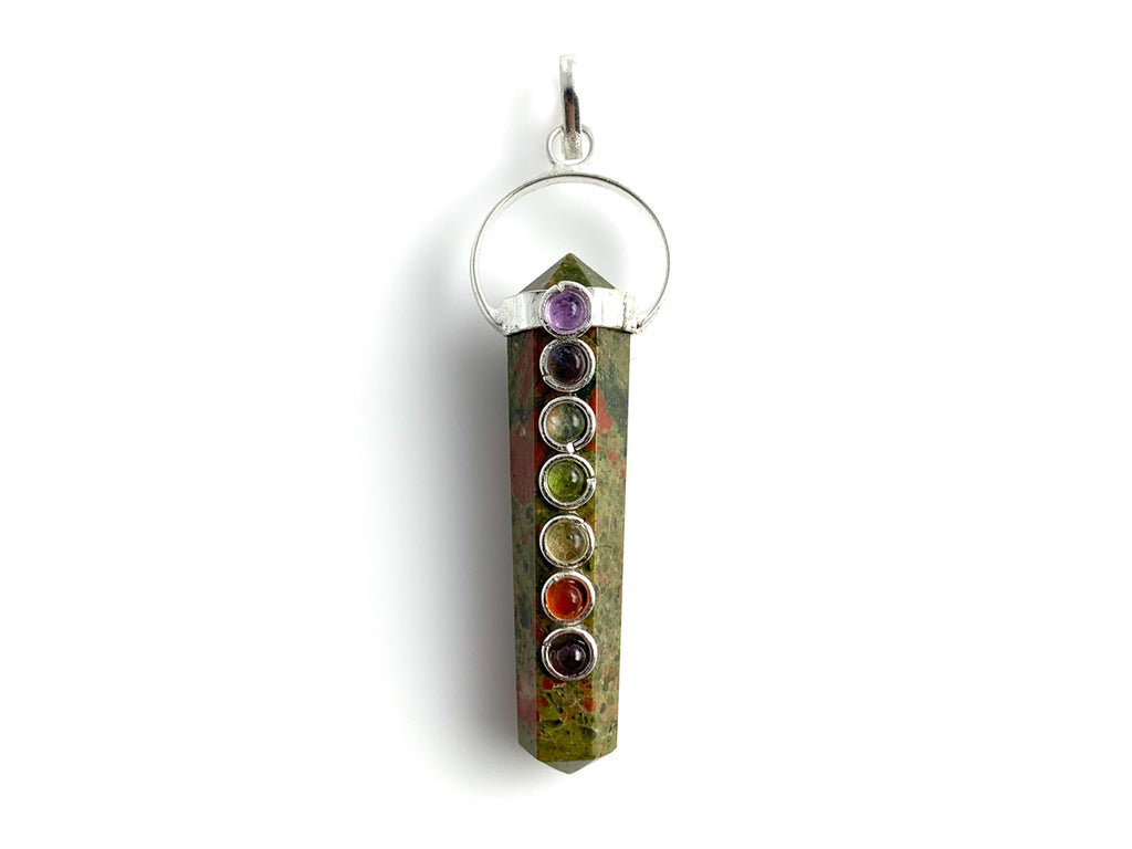 Dije Doble Punta de Unakita con Piedras Chakras Lineal - en punta natural