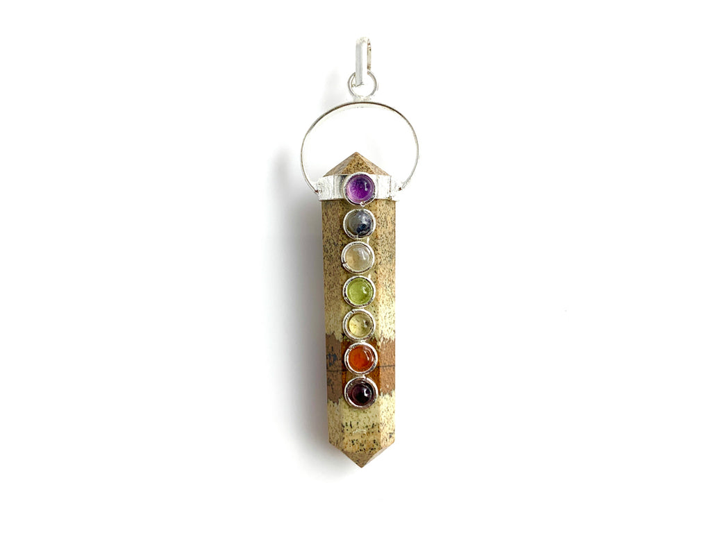 Dije Doble Punta de Jaspe Paisaje con Piedras Chakras Lineal - en punta natural