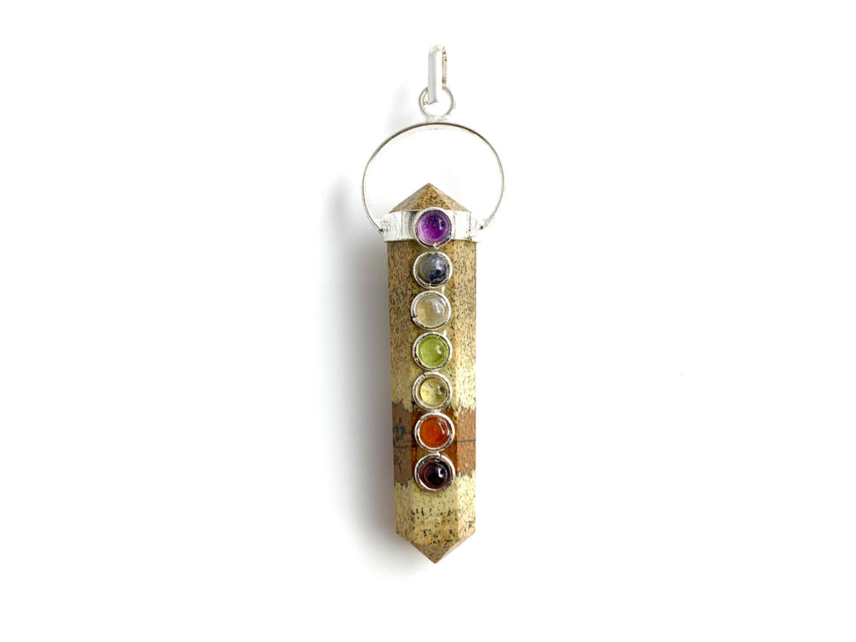Dije Doble Punta de Jaspe Paisaje con Piedras Chakras Lineal - en punta natural