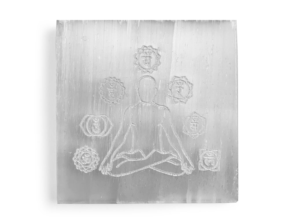 Placa de Selenita con Grabado Chakras - costalito de piedras