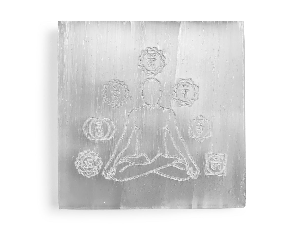 Placa de Selenita con Grabado Chakras - costalito de piedras