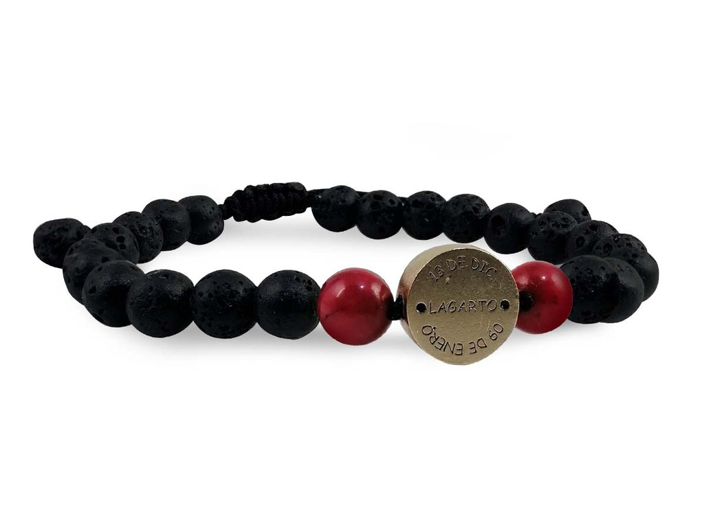 Pulsera Maya Lagarto de Coral Rojo y Piedra Volcánica - vista lateral