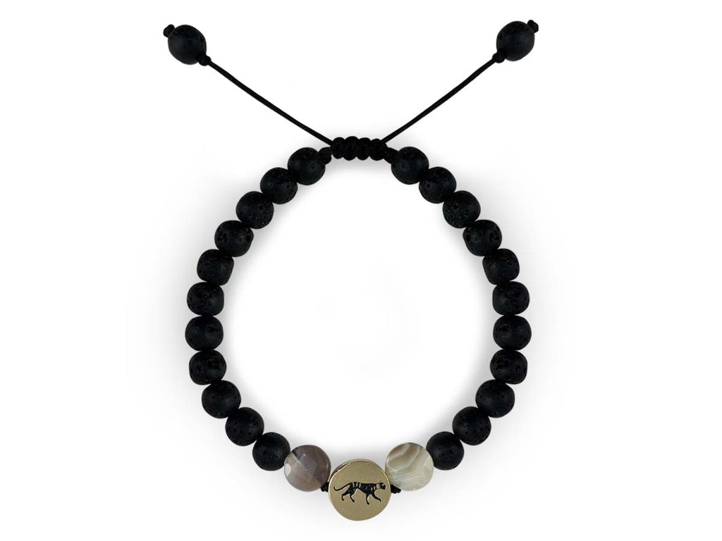 Pulsera Maya Jaguar de Ágata Botswana y Piedra Volcánica - pulsera de piedras