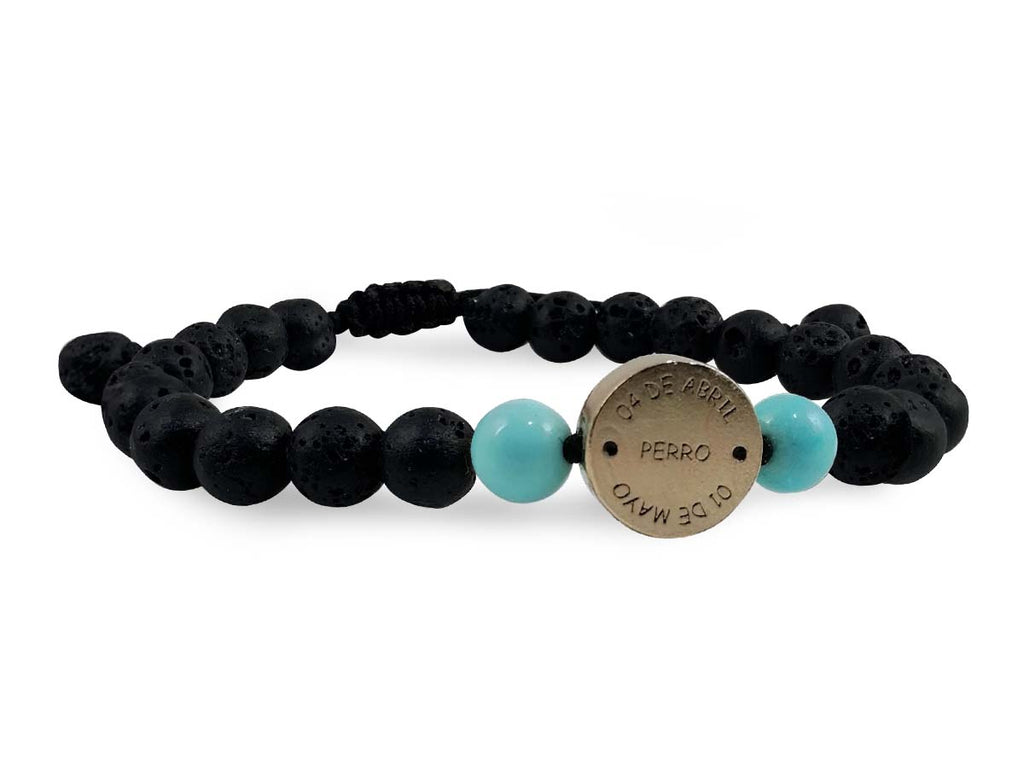 Pulsera Maya Perro de Howlita Azul y Piedra Volcánica - vista lateral