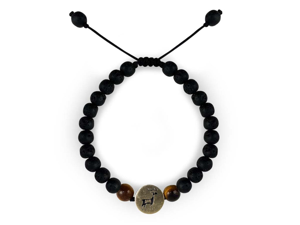 Pulsera Maya Venado de Ojo de Tigre y Piedra Volcánica - pulsera de piedras