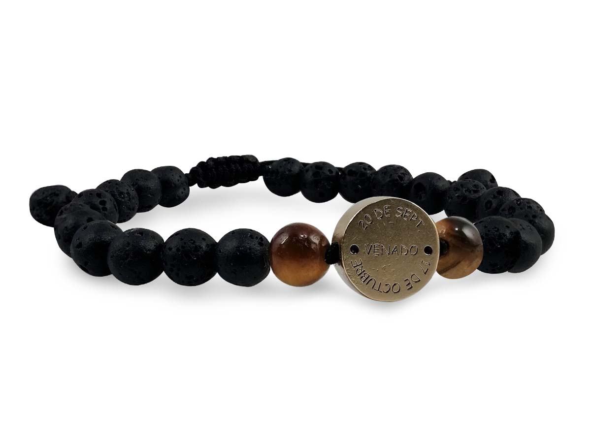 Pulsera Maya Venado de Ojo de Tigre y Piedra Volcánica - vista lateral