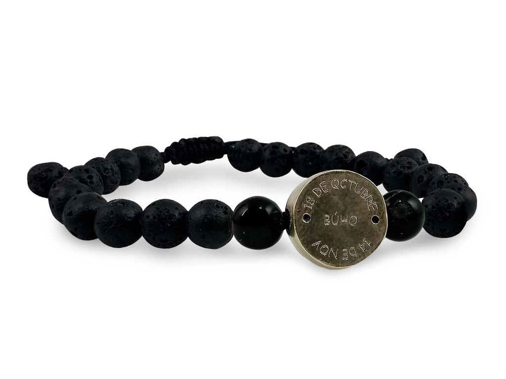 Pulsera Maya Búho de Ágata Negra y Piedra Volcánica - vista lateral