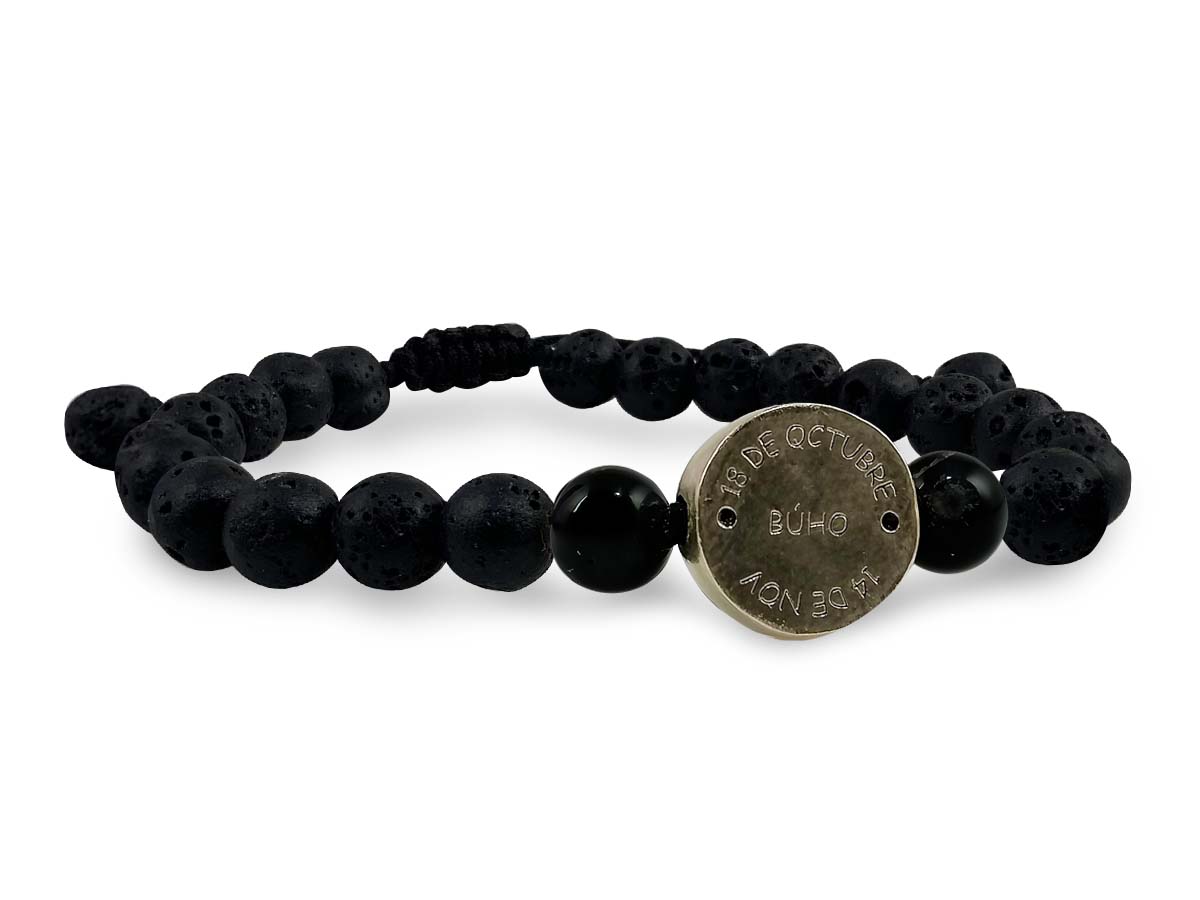 Pulsera Maya Búho de Ágata Negra y Piedra Volcánica - vista lateral
