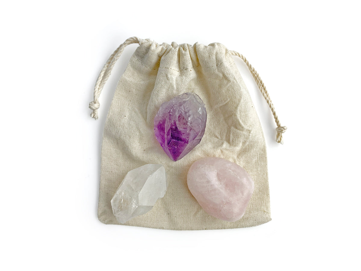 Costalito Elementos Meditación Cuarzo Rosa Amatista y Blanco - kit coleccionable